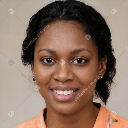 Joyful latino young-adult female with medium  black hair and brown eyes