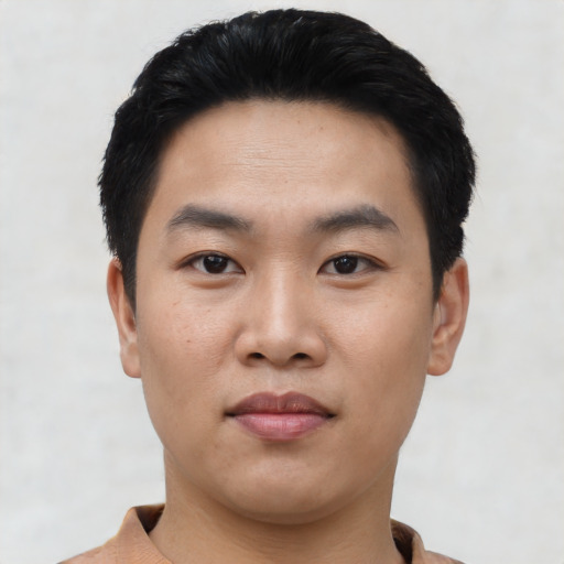 Neutral asian young-adult male with short  black hair and brown eyes