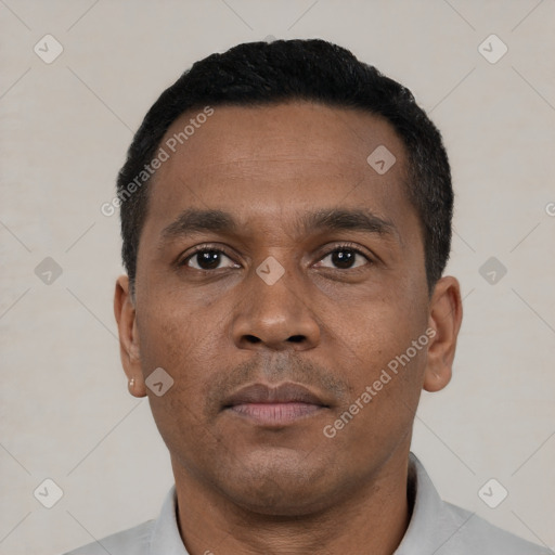Neutral black adult male with short  black hair and brown eyes