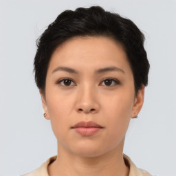 Neutral asian young-adult female with short  brown hair and brown eyes