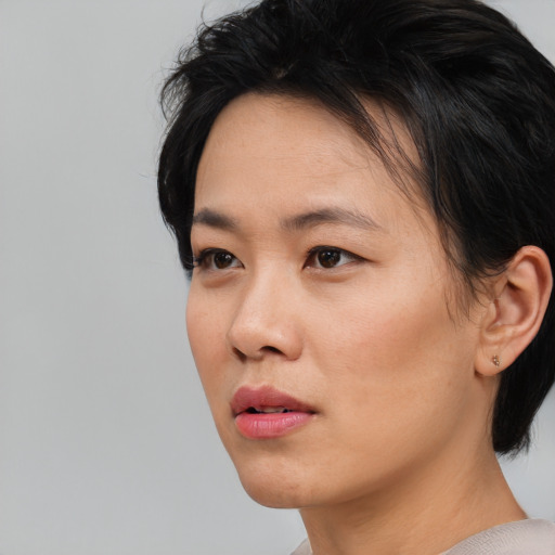 Neutral asian young-adult female with short  black hair and brown eyes
