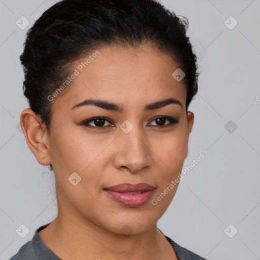 Joyful latino young-adult female with short  brown hair and brown eyes