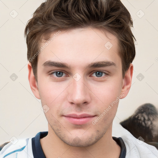 Neutral white young-adult male with short  brown hair and grey eyes