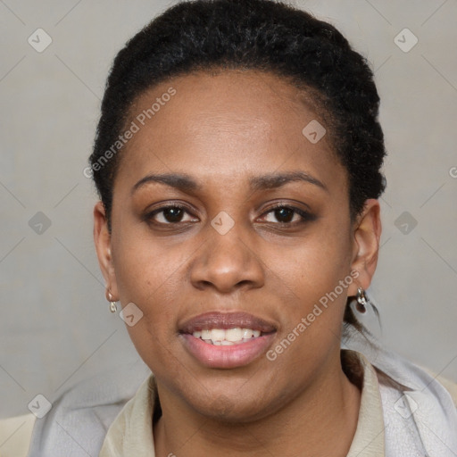 Joyful latino young-adult female with short  brown hair and brown eyes