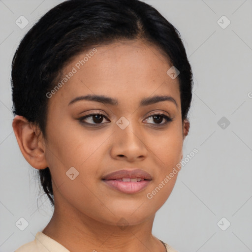 Joyful latino young-adult female with short  brown hair and brown eyes