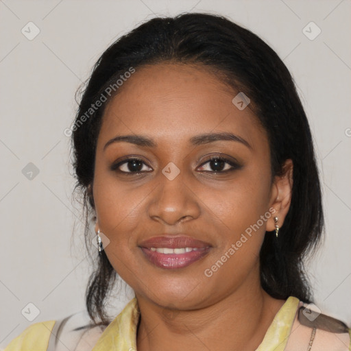 Joyful black young-adult female with medium  black hair and brown eyes