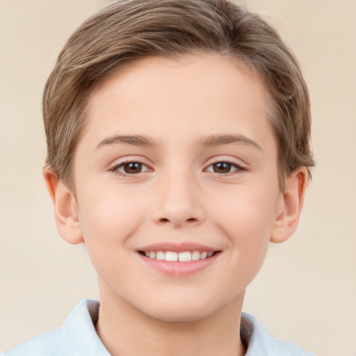 Joyful white child female with short  brown hair and brown eyes