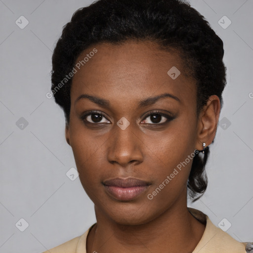 Neutral black young-adult female with short  black hair and brown eyes