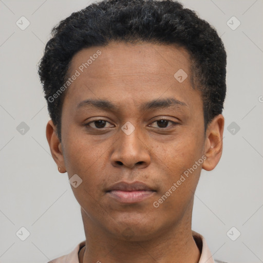 Neutral black young-adult male with short  brown hair and brown eyes