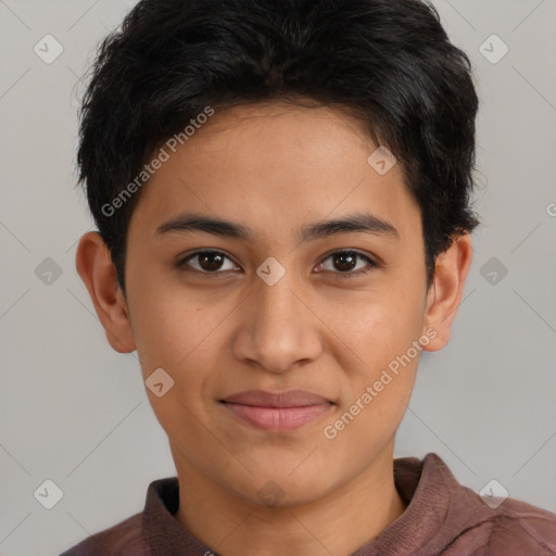 Joyful latino young-adult male with short  brown hair and brown eyes