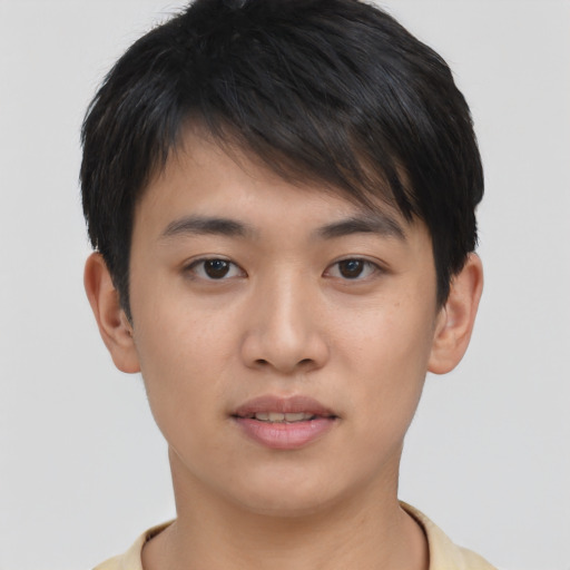 Neutral asian young-adult male with short  brown hair and brown eyes