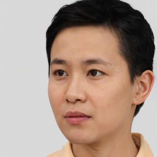 Neutral asian young-adult male with short  black hair and brown eyes