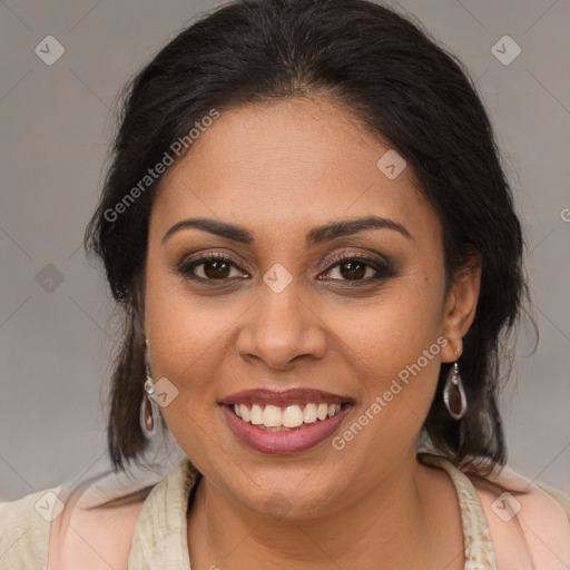 Joyful white young-adult female with medium  brown hair and brown eyes