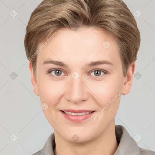 Joyful white young-adult female with short  brown hair and grey eyes