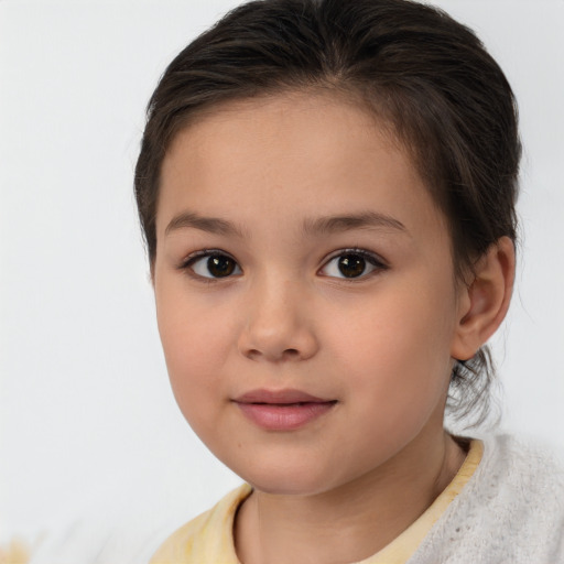 Joyful white child female with medium  brown hair and brown eyes