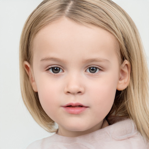 Neutral white child female with medium  brown hair and blue eyes