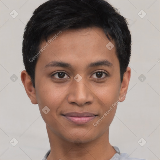 Joyful asian young-adult male with short  black hair and brown eyes