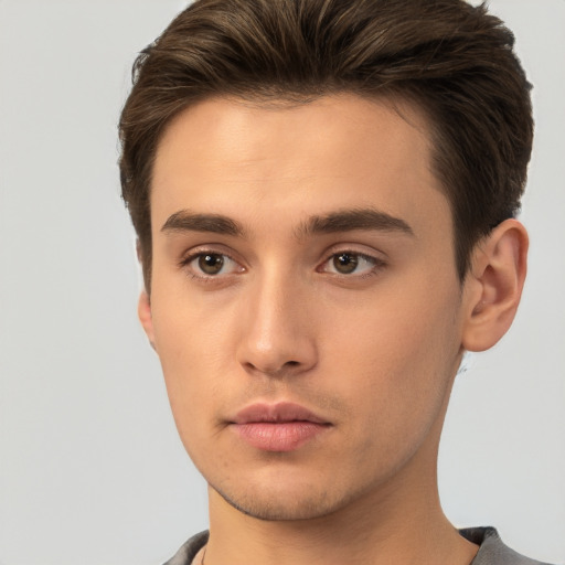 Neutral white young-adult male with short  brown hair and brown eyes