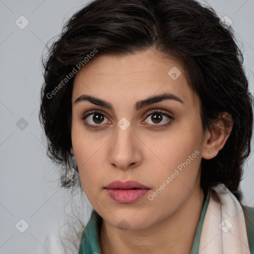 Neutral white young-adult female with long  brown hair and brown eyes