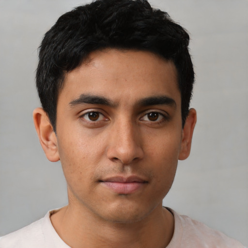 Neutral asian young-adult male with short  black hair and brown eyes
