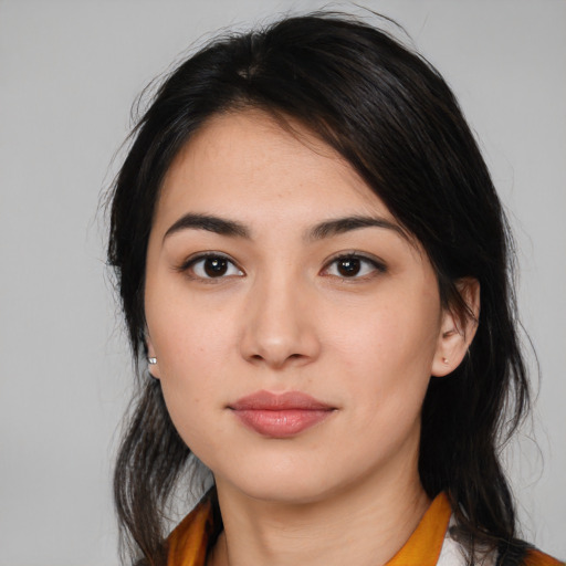 Neutral white young-adult female with medium  black hair and brown eyes
