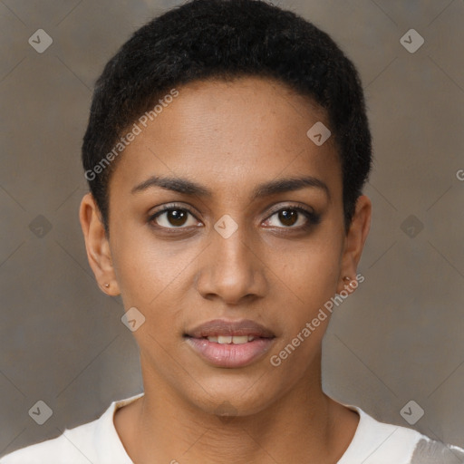 Joyful black young-adult female with short  brown hair and brown eyes