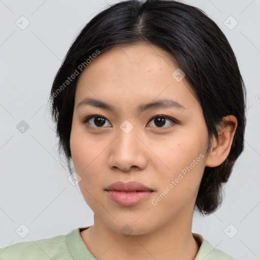 Neutral asian young-adult female with medium  black hair and brown eyes