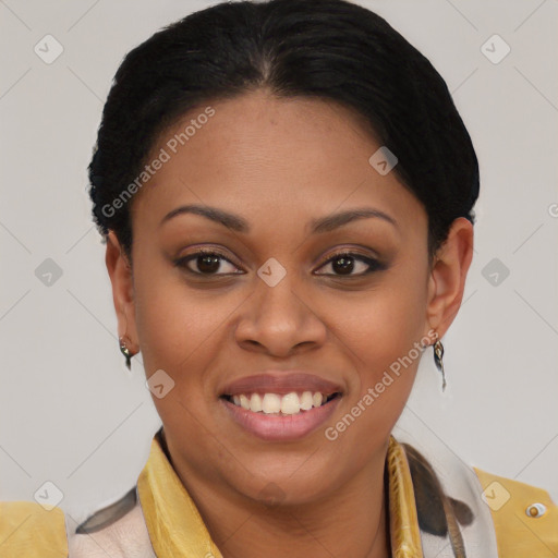 Joyful latino young-adult female with short  brown hair and brown eyes