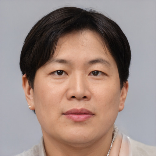 Joyful asian adult male with short  brown hair and brown eyes