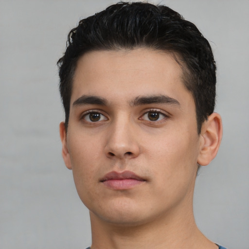 Neutral asian young-adult male with short  black hair and brown eyes