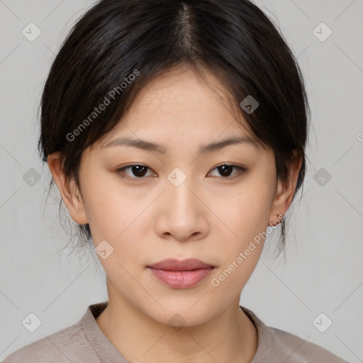 Neutral asian young-adult female with medium  brown hair and brown eyes