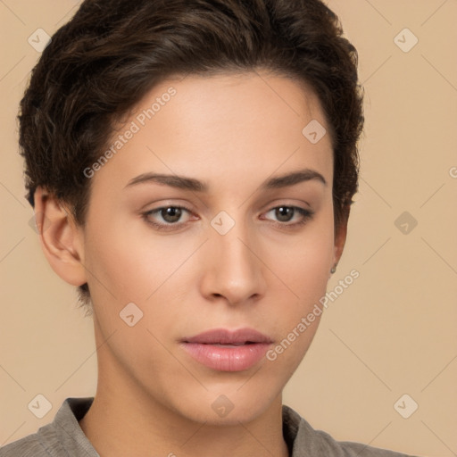 Neutral white young-adult female with short  brown hair and brown eyes