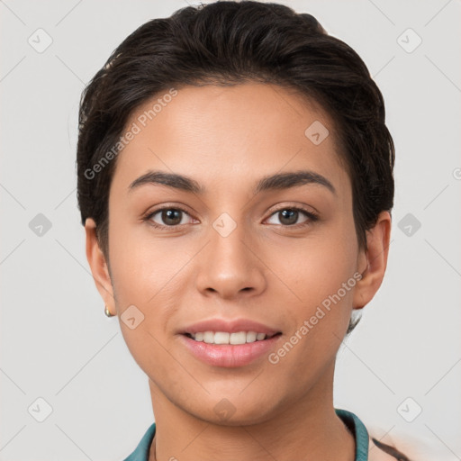 Joyful white young-adult female with short  brown hair and brown eyes