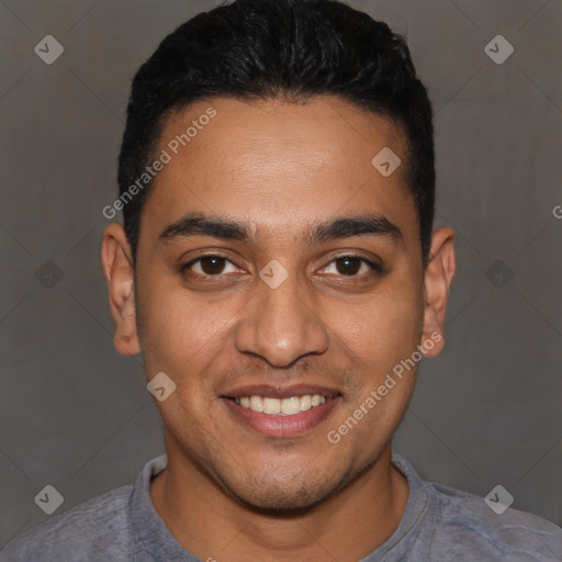 Joyful latino young-adult male with short  black hair and brown eyes