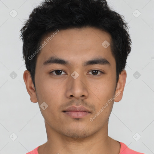 Neutral asian young-adult male with short  brown hair and brown eyes