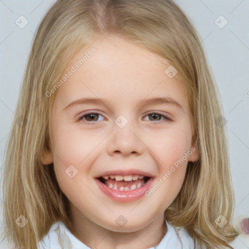 Joyful white child female with medium  brown hair and brown eyes