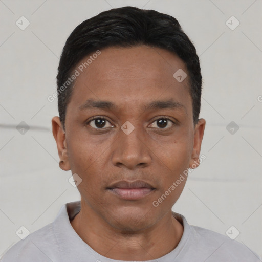 Neutral asian young-adult male with short  black hair and brown eyes
