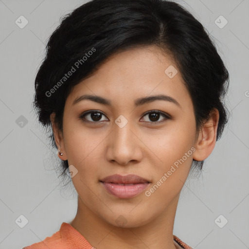 Joyful latino young-adult female with medium  brown hair and brown eyes