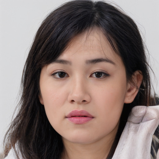 Neutral asian young-adult female with long  black hair and brown eyes