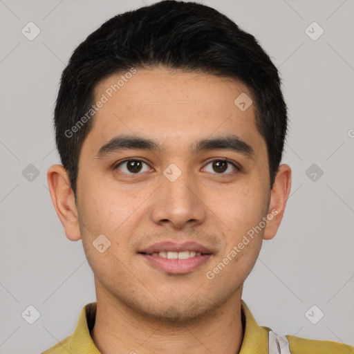 Joyful latino young-adult male with short  brown hair and brown eyes