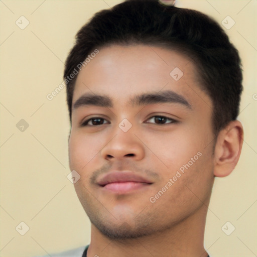 Neutral latino young-adult male with short  black hair and brown eyes