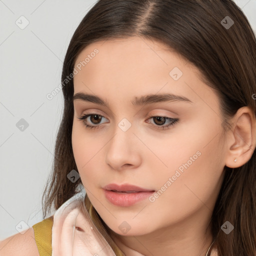 Neutral white young-adult female with long  brown hair and brown eyes