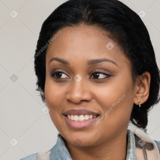 Joyful latino young-adult female with medium  black hair and brown eyes