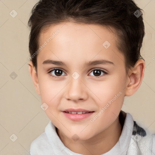 Joyful white child female with short  brown hair and brown eyes