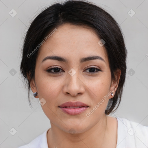 Joyful asian young-adult female with medium  black hair and brown eyes