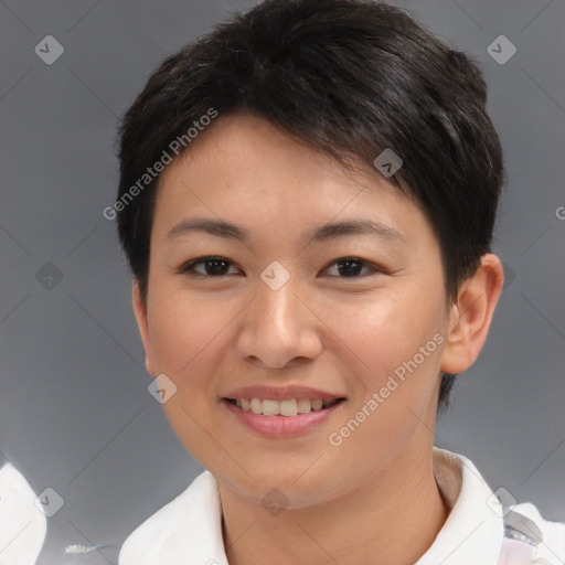 Joyful asian young-adult female with short  brown hair and brown eyes