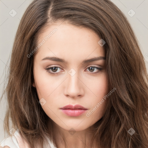 Neutral white young-adult female with long  brown hair and brown eyes