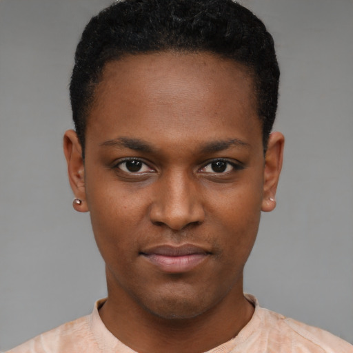 Neutral black young-adult male with short  black hair and brown eyes