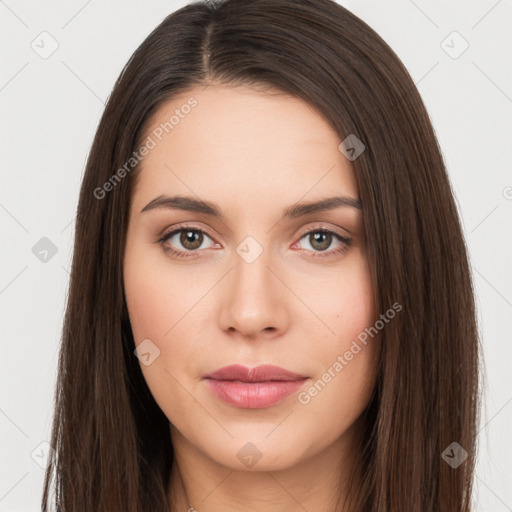 Neutral white young-adult female with long  brown hair and brown eyes