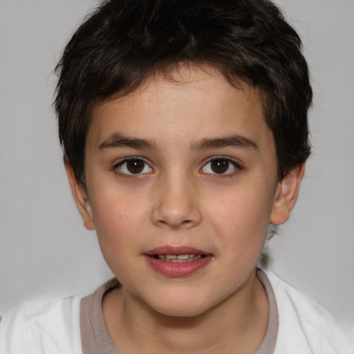 Joyful white child male with medium  brown hair and brown eyes